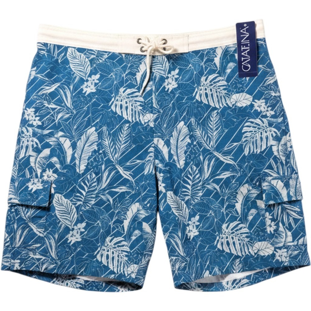 Catalina Mens Blue Tropical Floral Cargo Swim Trunks Board Shorts XL NWT